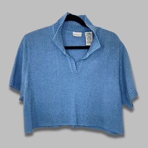 White Stag Polo Cropped Cut Sweater Short Sleeves Pullover Ribbed Knit Blue W XL